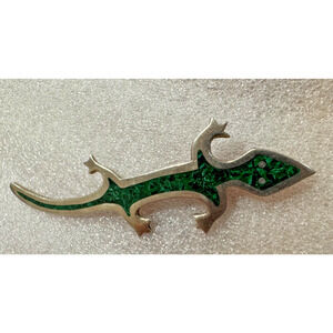 Mid Century Anne Harvey Mexico Sterling Taxco Lizard Pin Brooch Green Inlay